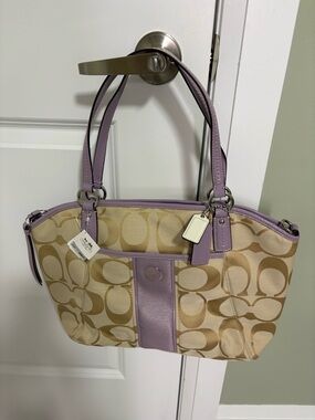 Authentic Coach Beige Signature Canvas Shoulder Bag with Lavender Tote